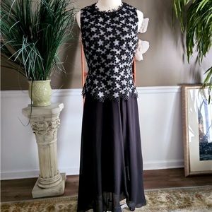 L.K. Bennett Johanna black and metallic silver floral print silk formal dress